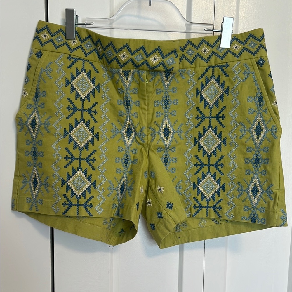 Green and Blue Bermuda Shorts with Geometric Pattern